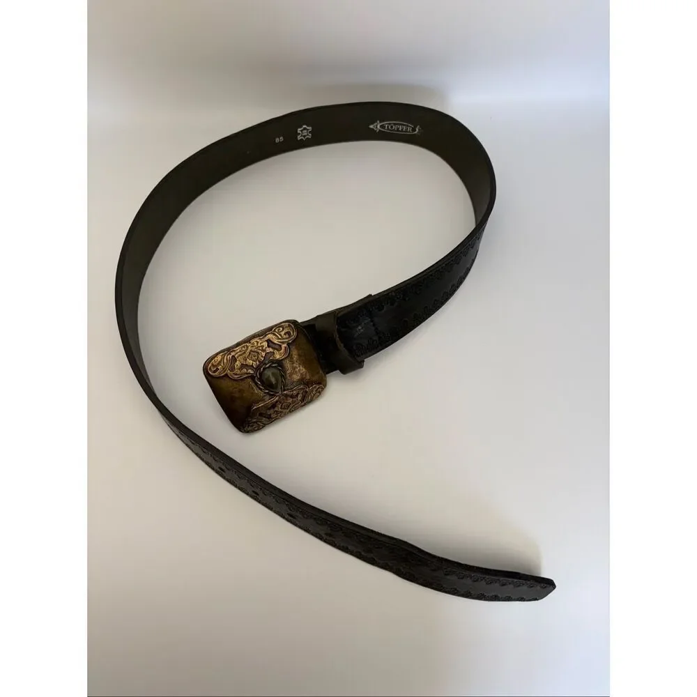 Töpfer Leather Belt with Ornate Jewel Buckle – Deep Dark Green Size 85